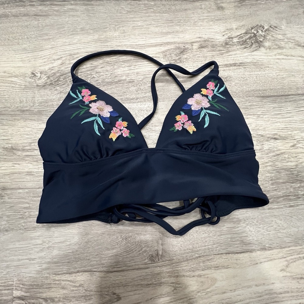 Hollister‎ Floral Embroidered Bralette Bikini Top Navy Blue Crisscross Back Sz S